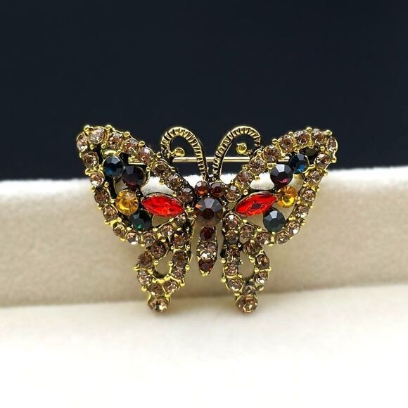 Yellow Gold with Champagne Topaz and Multi Crystal Butterfly Pin Back Brooch - Picture 3 of 7